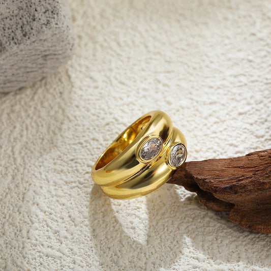 Fashion Oval Zircon Crystal Chunky Bilayer Round Rings for Women Stainless Steel Finger Ring Wedding Aesthetics Jewelry